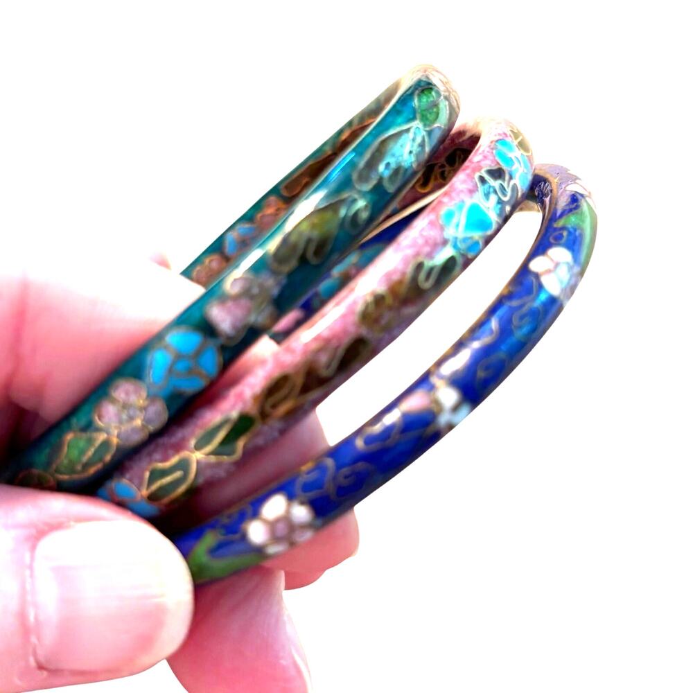 Vintage trio of cloisonne bangle bracelets floral enamel on brass purple & green
